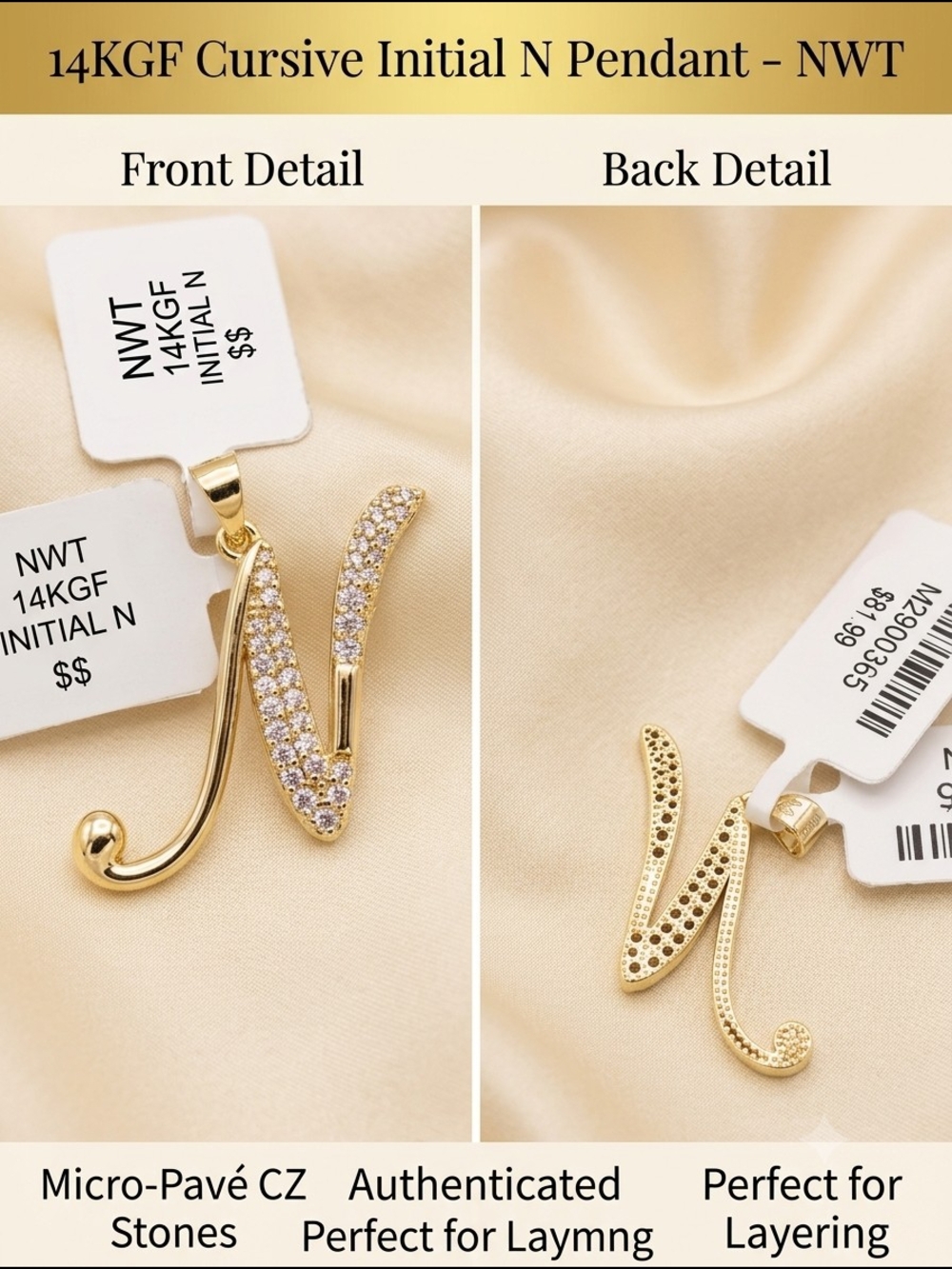 14KGF Cursive Initial N Pendant Necklace - Gold